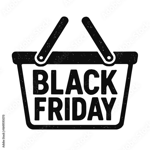 Black Friday Shopping Basket Vector - Grunge Black and White Icon for Sales, Commerce, and Retail