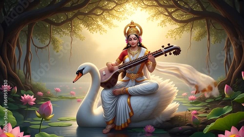 Goddess of Knowledge Saraswati Gracefully Plays the Veena Astride a Swan in a Luminous Forest.