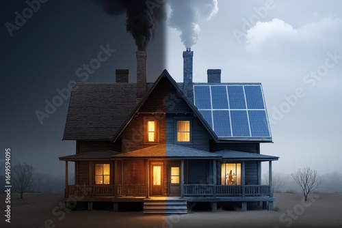 A house is split, with one half showing a smoking chimney and the other a clean-energy solar panel, highlighting the contrast between old and new energy.