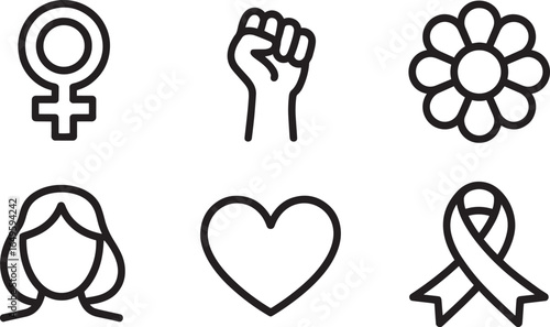 Feminism Icons Set Outline Style, Female Symbol, Fist, Flower, Woman, Heart, Ribbon on Transparent