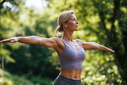 A fit woman, with her arms extended and a serene expression, practices a yoga pose in a lush, verdant park.