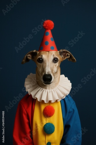Halloween vertical image of a dog wearing a colorful clown costume with party hat and ruffled collar against a dark blue background in studio lighting