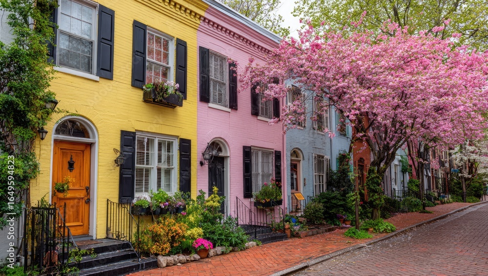 Naklejka premium Colorful row houses with cherry blossoms