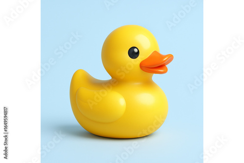 3D icon of a yellow rubber duck with glossy surface and water droplets, on light blue background, square format, playful 3D style