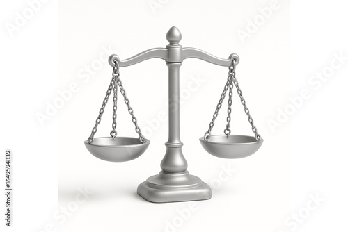 3D icon of balanced scales with silver trays, on white background, square format, symmetrical 3D design, soft shadows