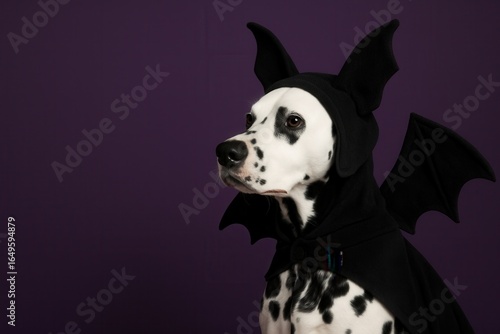 Halloween themed vertical image of a Dalmatian dog in a black bat costume featuring winged cape and hood with ears, posed against a purple background in studio lighting