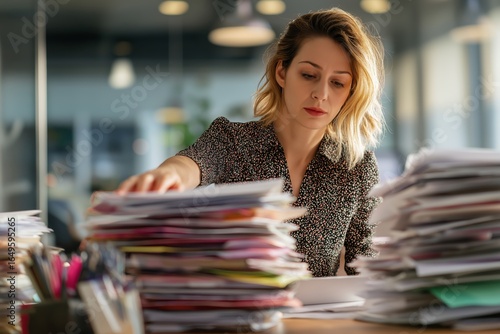 A person with short hair is concentrating on a large stack of papers in an office environment.