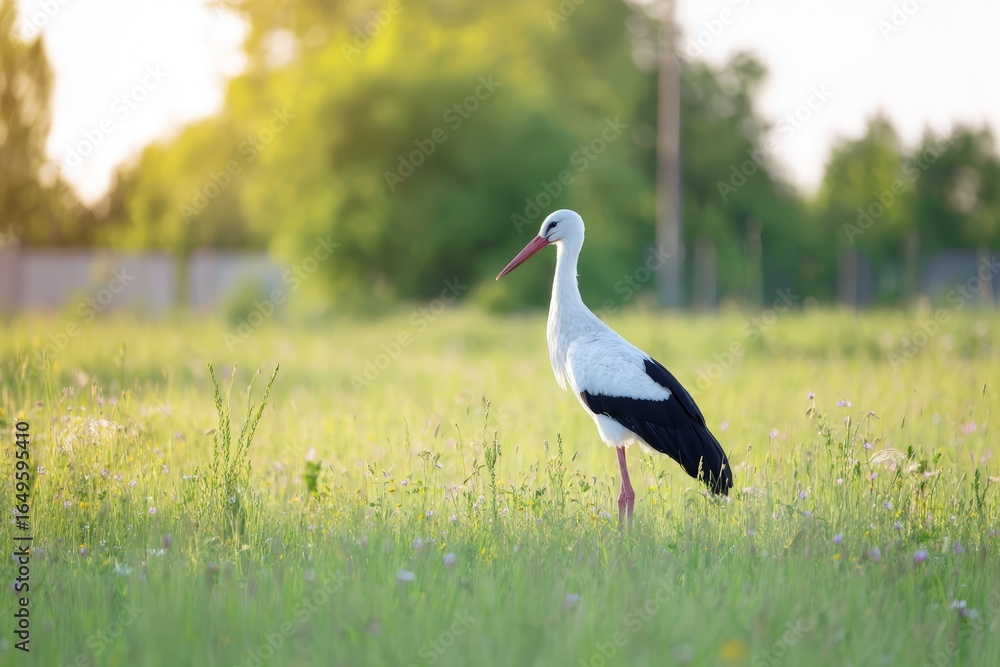 Fototapeta premium Stork standing in green meadow near village at golden hour