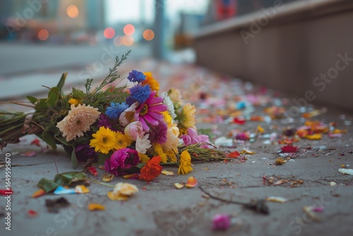 A still life of a discarded bouquet of flowers on the ground, with scattered petals and blurred lights in the background, creating a melancholic scene.