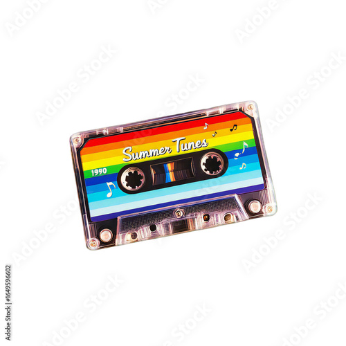 A vintage cassette tape with a colorful rainbow stripe design, labeled summer tunes 1990, isolated on a transparent background, evoking nostalgia for 80s and 90s music and analog audio technology