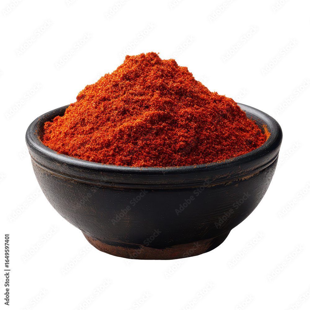 A small bowl filled with bright red chili, isolated on transparent background A small bowl filled with bright red chili, isolated on transparent background
