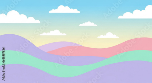 Pastel landscape background with rolling hills and fluffy clouds vector design illustration for wallpaper art 100