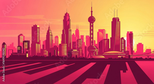 Cityscape vector illustration of urban skyline with skyscrapers and city buildings at sunset or sunrise