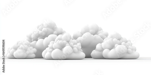 Stylized, 3D rendered white clouds against a white background.  A group of puffy, cartoon-like clouds