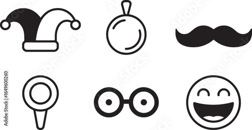Whimsical Fun Icons Set Jester Hat, Bauble, Mustache, Magnifier, Glasses, and Smiley Face Vector
