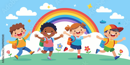 Joyful Children Playing Under a Rainbow Sky