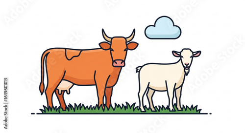 Illustration of farm animals cow and goat grazing in a field with a cloud in the sky vector graphic art