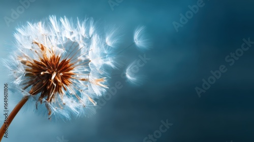 A close-up of a dandelion puff, seen momentarily losing its seeds to the wind, representing nature's beauty and the fleeting essence of life.