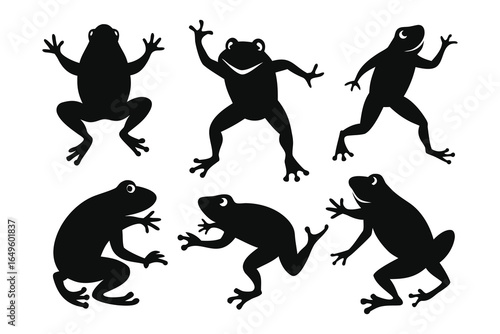 Set of 6 Silhouette Frogs in Various Jumping, Sitting, and Leaping Poses on White Background