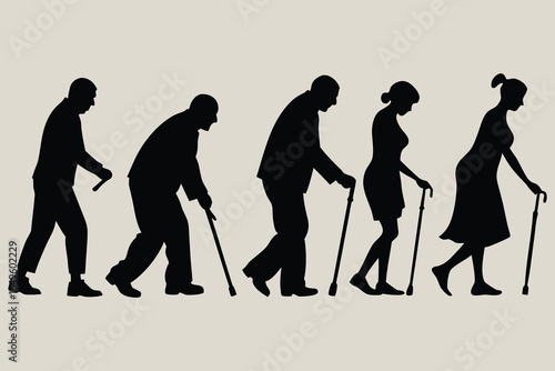 Set of 5 Silhouette Elderly People Walking, Resting, and Helping Each Other