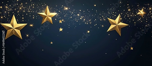 Gold stars and glittering confetti on a dark navy blue background