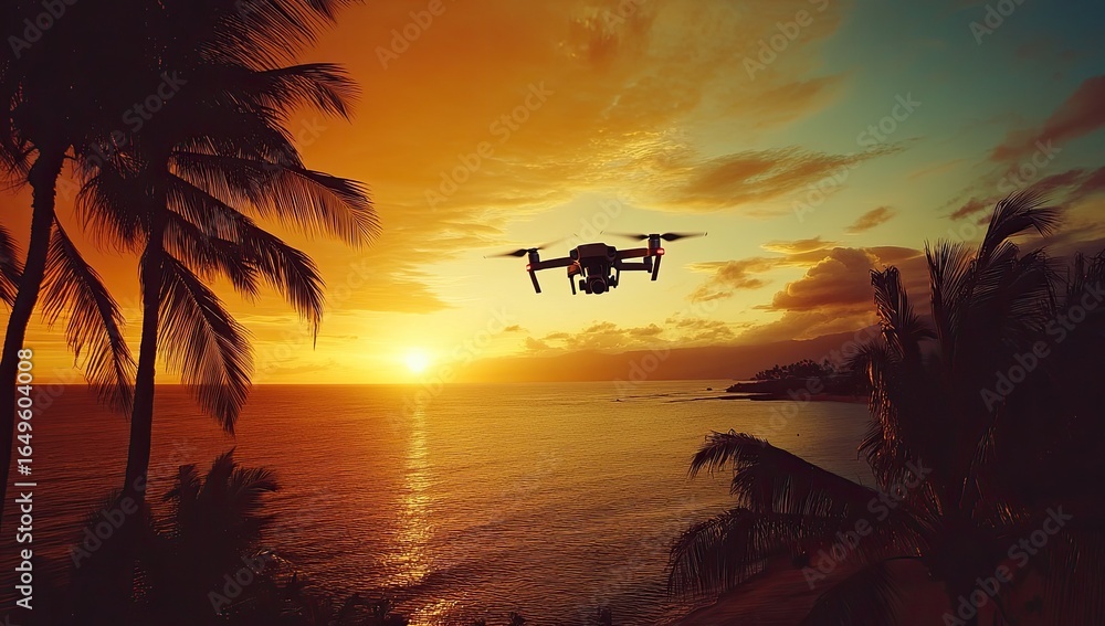 Obraz premium Drone soars above tropical sunset