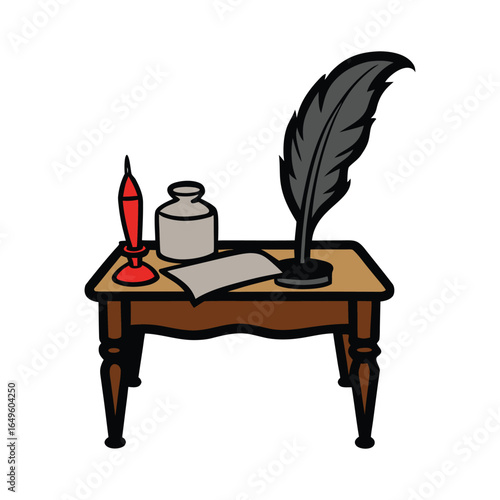 Antique writing desk with quill vector sketch