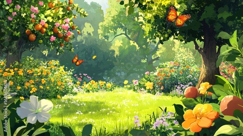 Fototapeta Naklejka Na Ścianę i Meble -  A nature scene of a lush garden with vibrant flowers, fruit trees, and butterflies fluttering about.