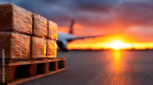 Pallets of wrapped cargo await loading at a bustling airport, silhouetted against a stunning sunset, highlighting the dynamic world of logistics in transport and travel.
