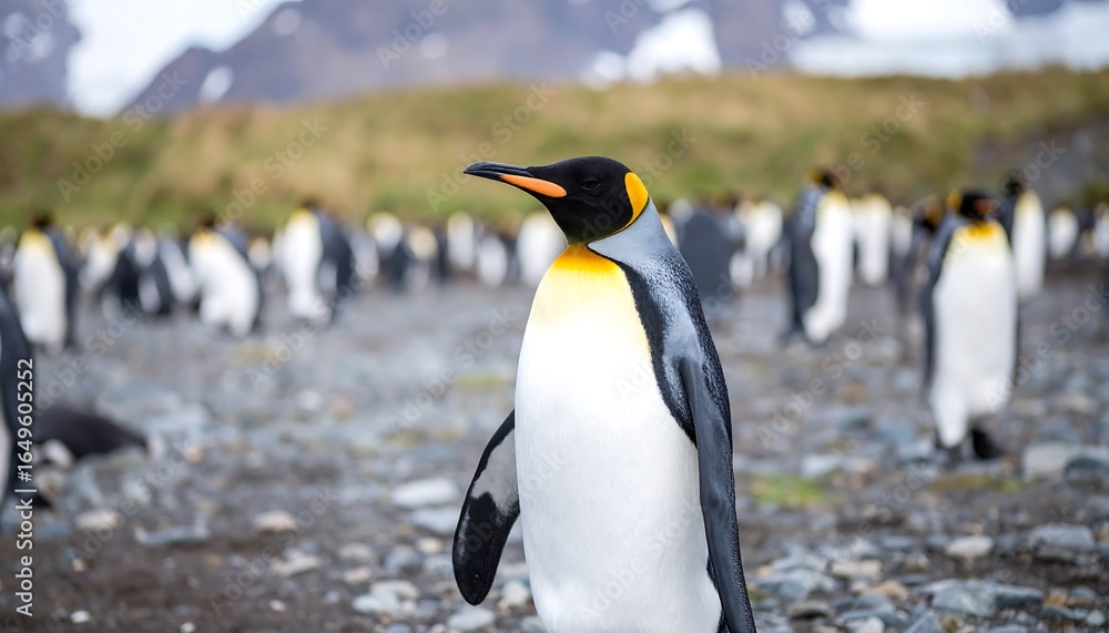 Fototapeta premium King penguin standing amidst a colony.