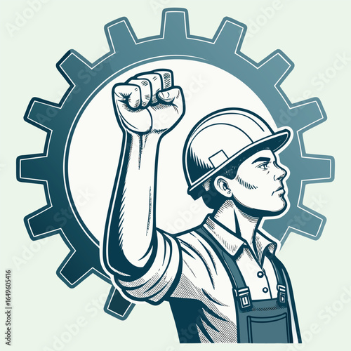Minimalist icon of a hand gripping a gear, an industrial Labor Day icon.