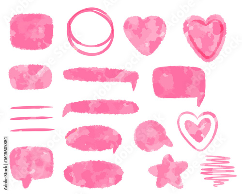Watercolor pink doodle design kit with circles, hearts, arrows, speech bubbles and stars, ideal for planners and sweet Valentine decor. Vector illustration.