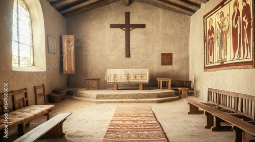 A recreated ancient Christian church interior, showing simple, early Christian designs.