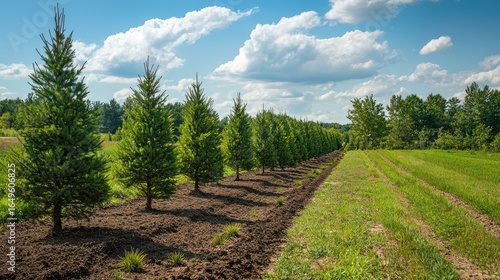 A scenic landscape showcasing a row of newly planted trees.