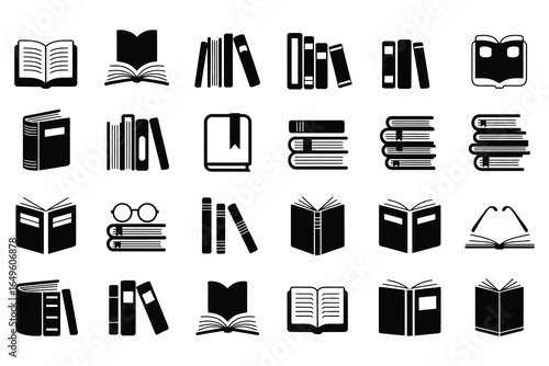 Solid black book and reading icon collection for education design