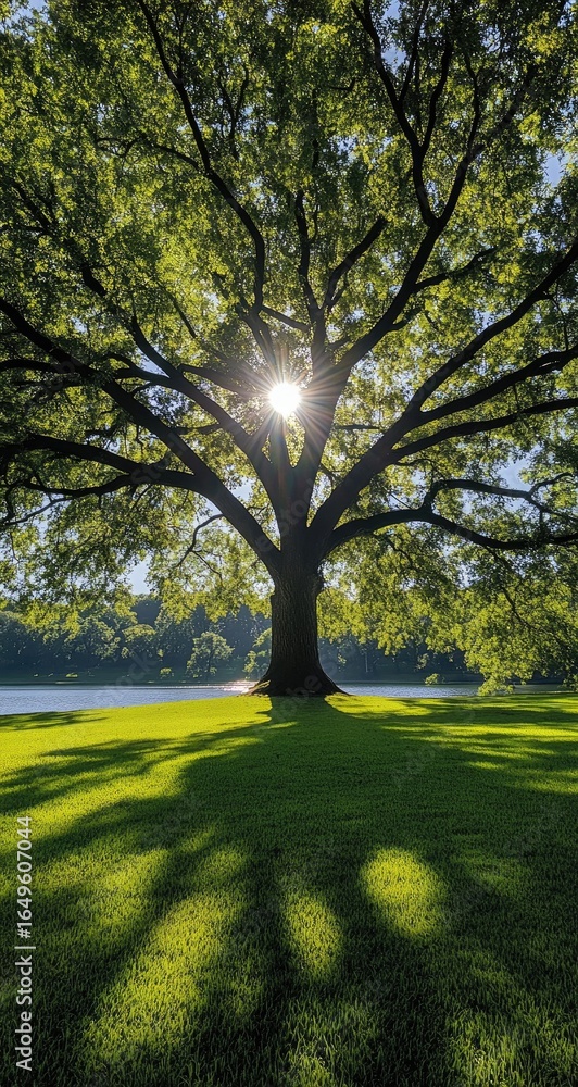 Lush green tree with sunlight beaming through its canopy, casting shadows on a grassy field beside a tranquil lake Lush green tree with sunlight beaming through its canopy, casting shadows on a grassy field beside a tranquil lake