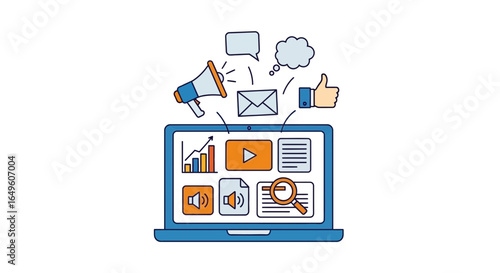 Laptop displaying digital marketing and promotionals silhouette