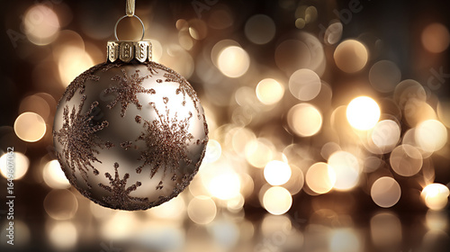 
golden Christmas ball hanging on a golden background with golden shimmer, space for text

