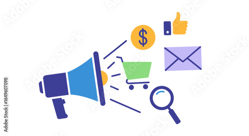 Marketing promotion with megaphone and shopping cart silhouette