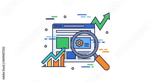 Website analysis with growth chart and magnifying glass silhouette