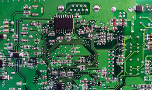 Detailed view of a circuit board featuring multiple components and connections used in electronic devices