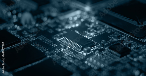 Close-up view of a detailed electronic circuit board with components illuminated in a dark environment