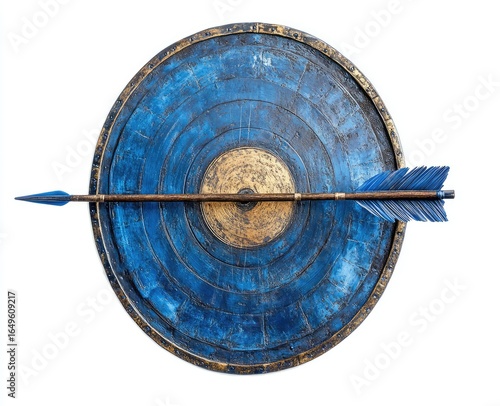 Circular blue shield, arrow through center