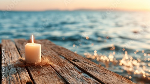 A serene scene of a lit candle resting on weathered wooden planks by the sea at sunset, capturing the tranquil beauty of light and reflection in a peaceful coastal atmosphere.