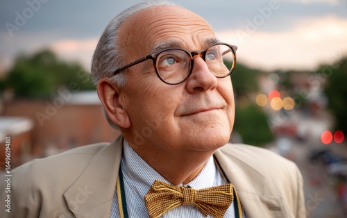 Pensive Elderly Man in Beige Blazer and Bow Tie, Looking Upward at Sunset