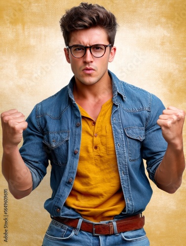 Determined Young Man in Denim Shirt and Jeans