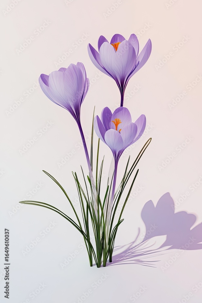 Naklejka premium Three delicate, light purple crocus flowers bloom amidst a tuft of grass. Soft shadows suggest light source