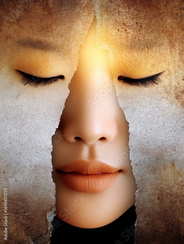 Serene Woman's Face Partially Hidden Behind Golden Textured Curtain
