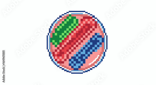Pixel Art of a Petri Dish with Three Colorful Bacterial Colonies