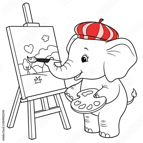 Cute baby elephant artist painting on canvas cartoon illustration for kids coloring page and art design